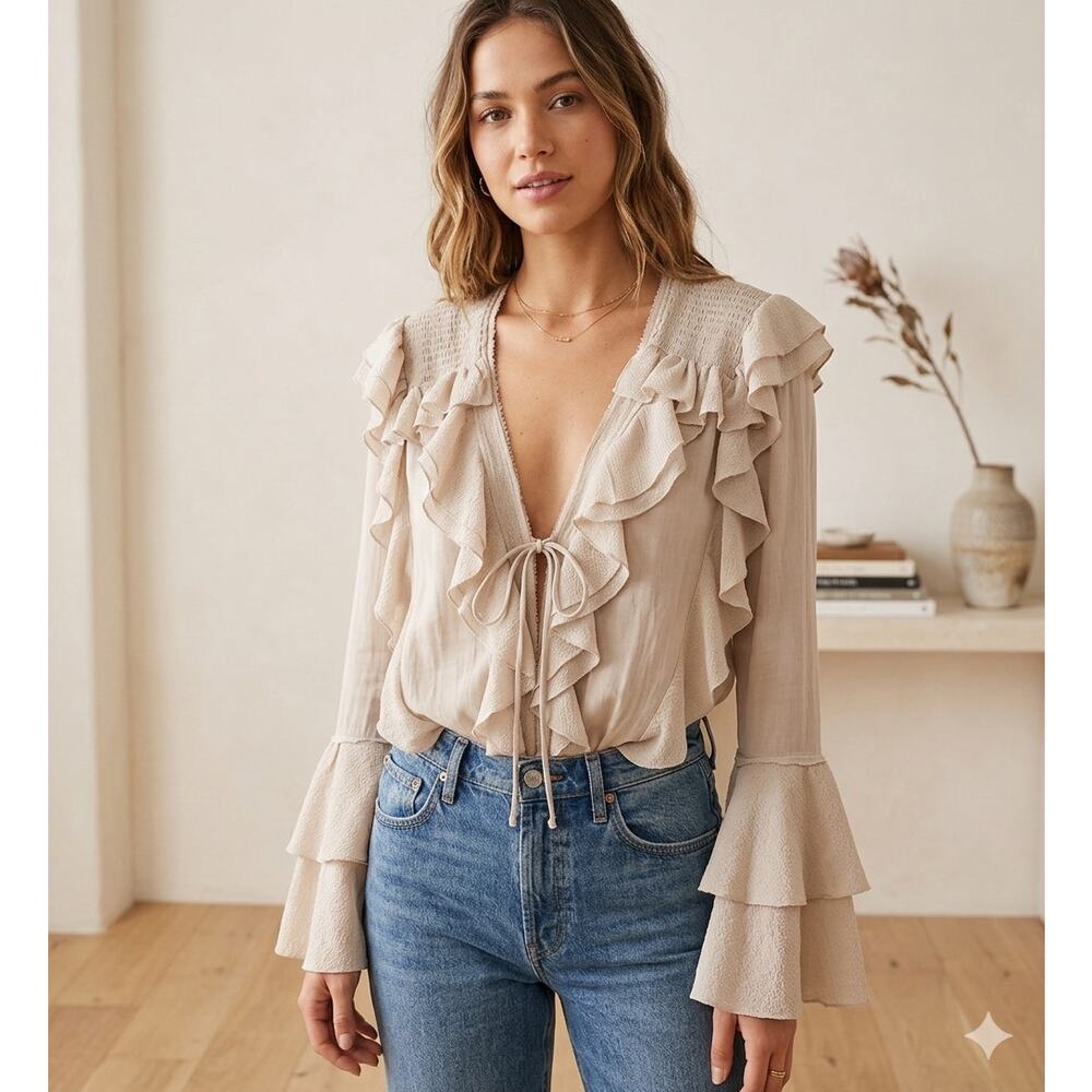 Free People For the Frill of It Bodysuit Boho Ruffle Tiered Sleeve Cream EUC S